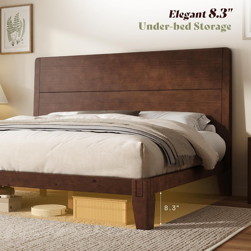 Solid Wood Queen Bed Frame with Headboard, Japanese Joinery,Walnut