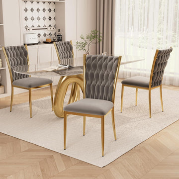 Velvet Dining Chairs Set of 4, Modern Woven Kitchen Chairs with Gold Metal Legs, Upholstered Cushion with High Back