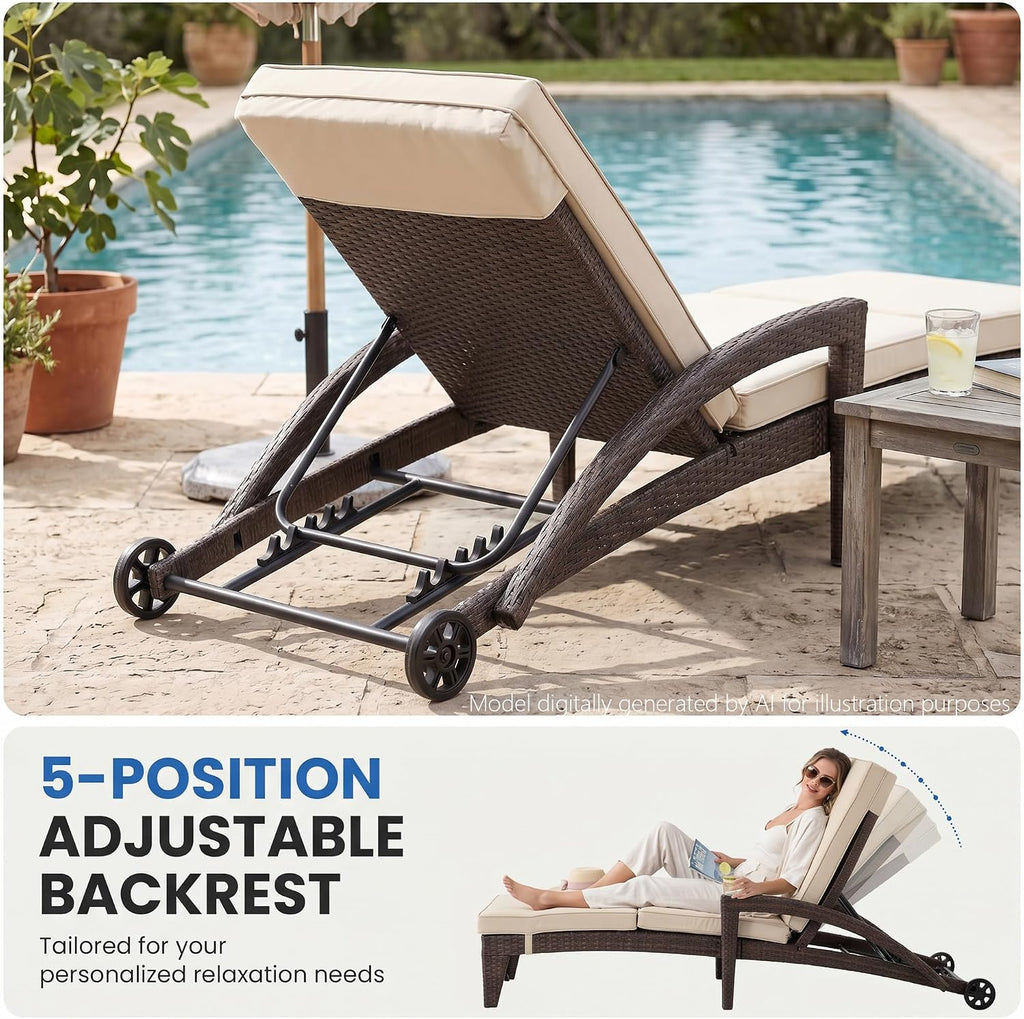 Chaise Lounge Chairs Set of 2, Upholstered 5-Positions Adjustable Lounge Chairs, Wicker Outdoor Long Reclining Chaise