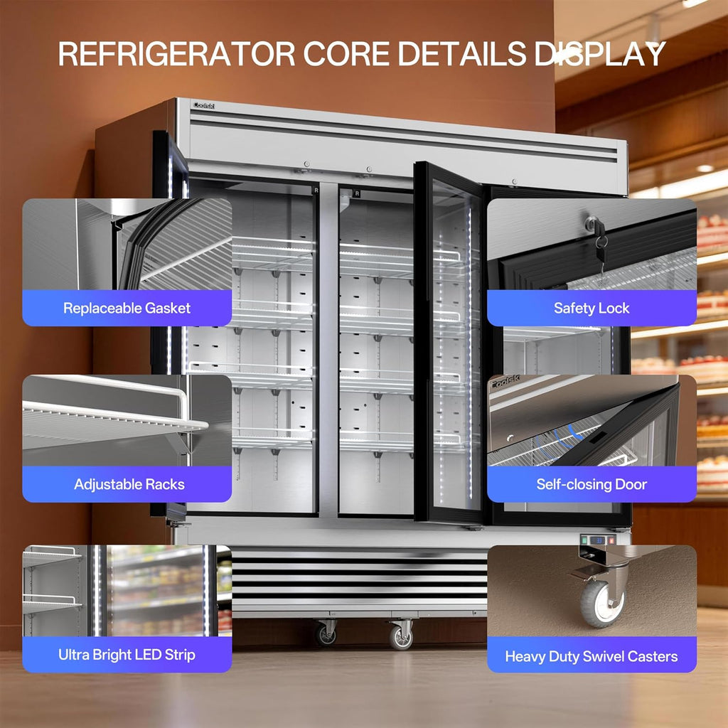 82" W 3-Door Commercial Beverage Refrigerator, 78.2 Cu.ft Glass Door Display Coo