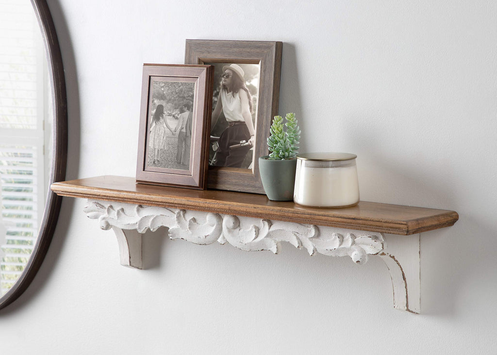 Abberly Farmhouse Wall Shelf, 28 x 5 x 6.5, Rustic Brown and White, Rustic Floating Shelf for Wall