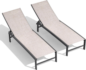 Chaise Lounge Outdoor, Pool Lounge Set of 2 Tanning Chiars(Beige) | 5-Position Adjustable Backrest, Sturdy Metal