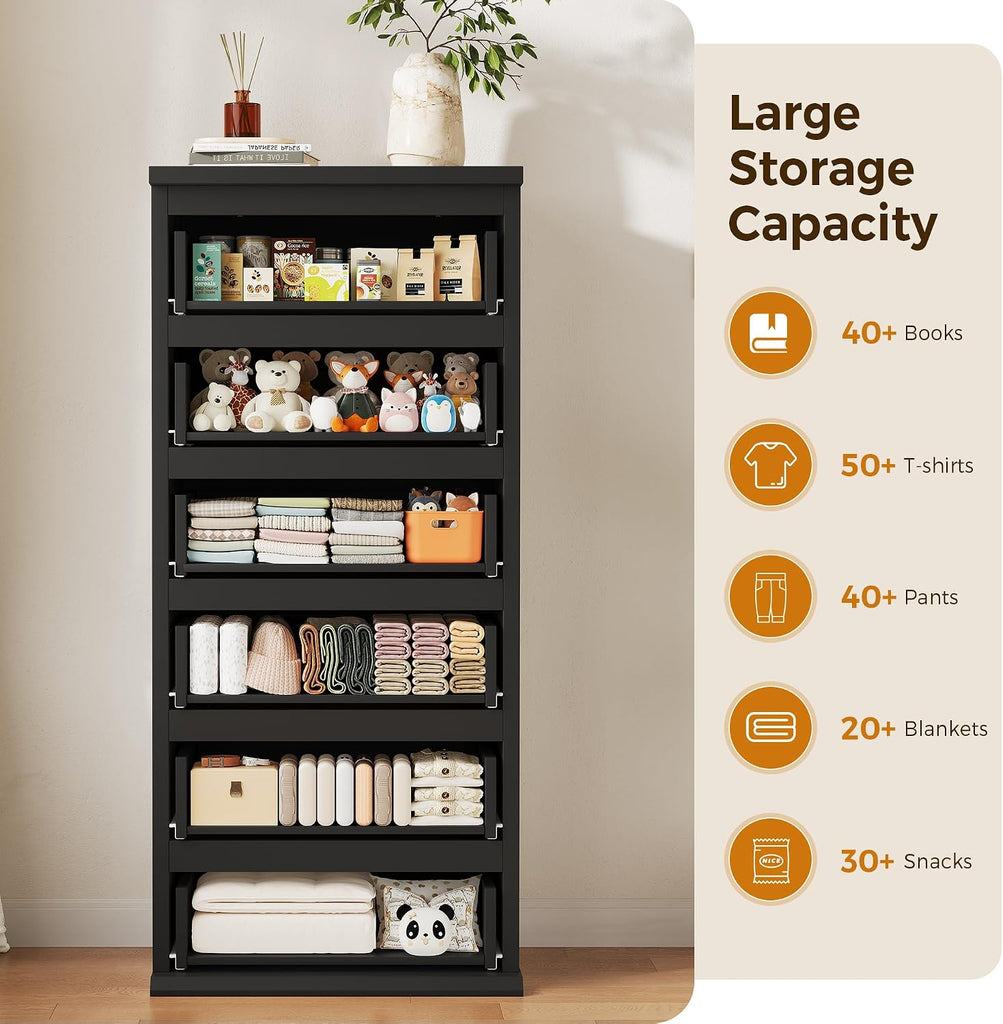 Black Dresser, 6 Drawer Dresser , Wooden Chest of Drawers with Handleless Drawers, 19.7" W x 15.7" D x 47.2" H