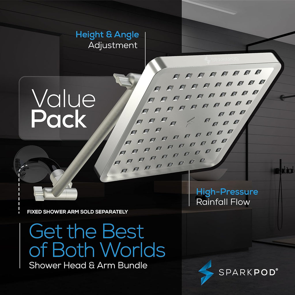 Square Rain Shower Head with Extension Arm - Height Adjustable Shower Head with High Pressure Performance