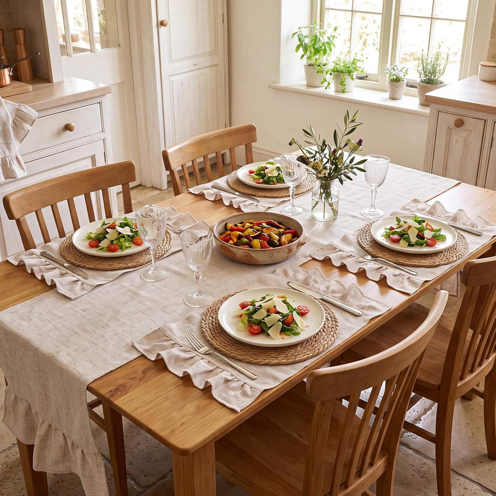 Boho Round Woven Placemats Ruffle Table Runner 13x72 - Set of 13