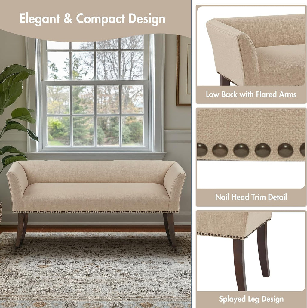 Accent Bench, Upholstered with Nailhead Trim, & Padded Seat Entryway Bench Small, End of Bed Bench with Back, 49.5" W
