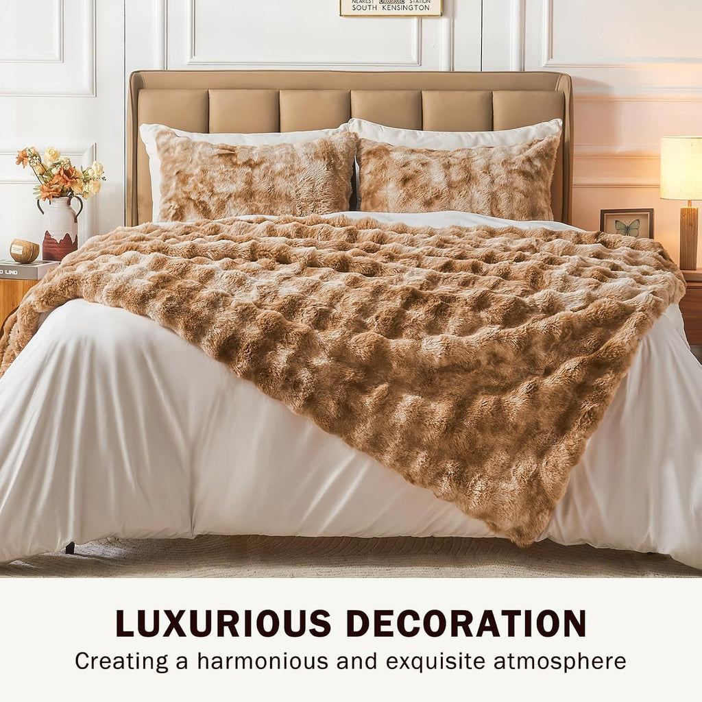 Faux Fur Blanket Queen Tie Dye Brown - Big Bubble Rabbit Cozy Blanket for Couch, Thick Furry Plush Shaggy Blankets