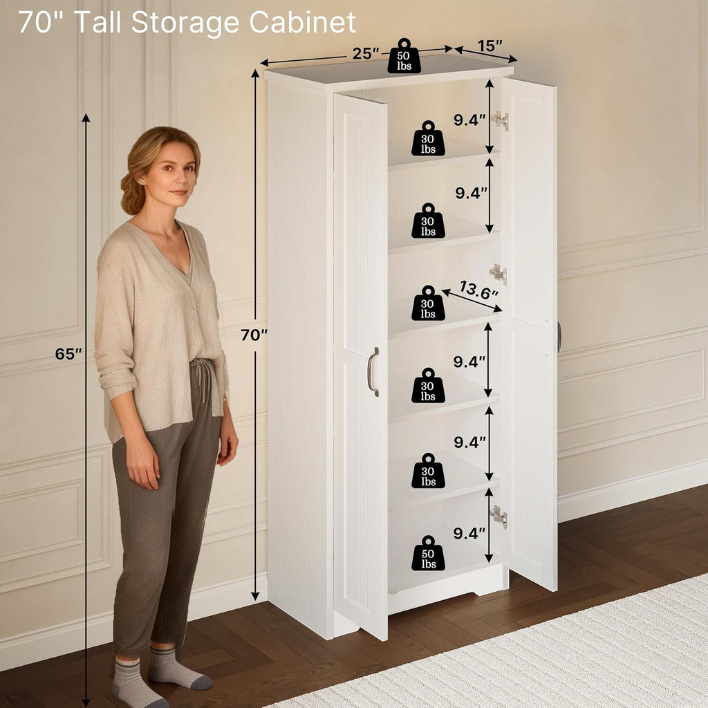 70" Tall Storage Cabinet, Large Wood Storage Pantry Cabinet with 6 Adjustable Shelves & 2 Doors, Standing Utility