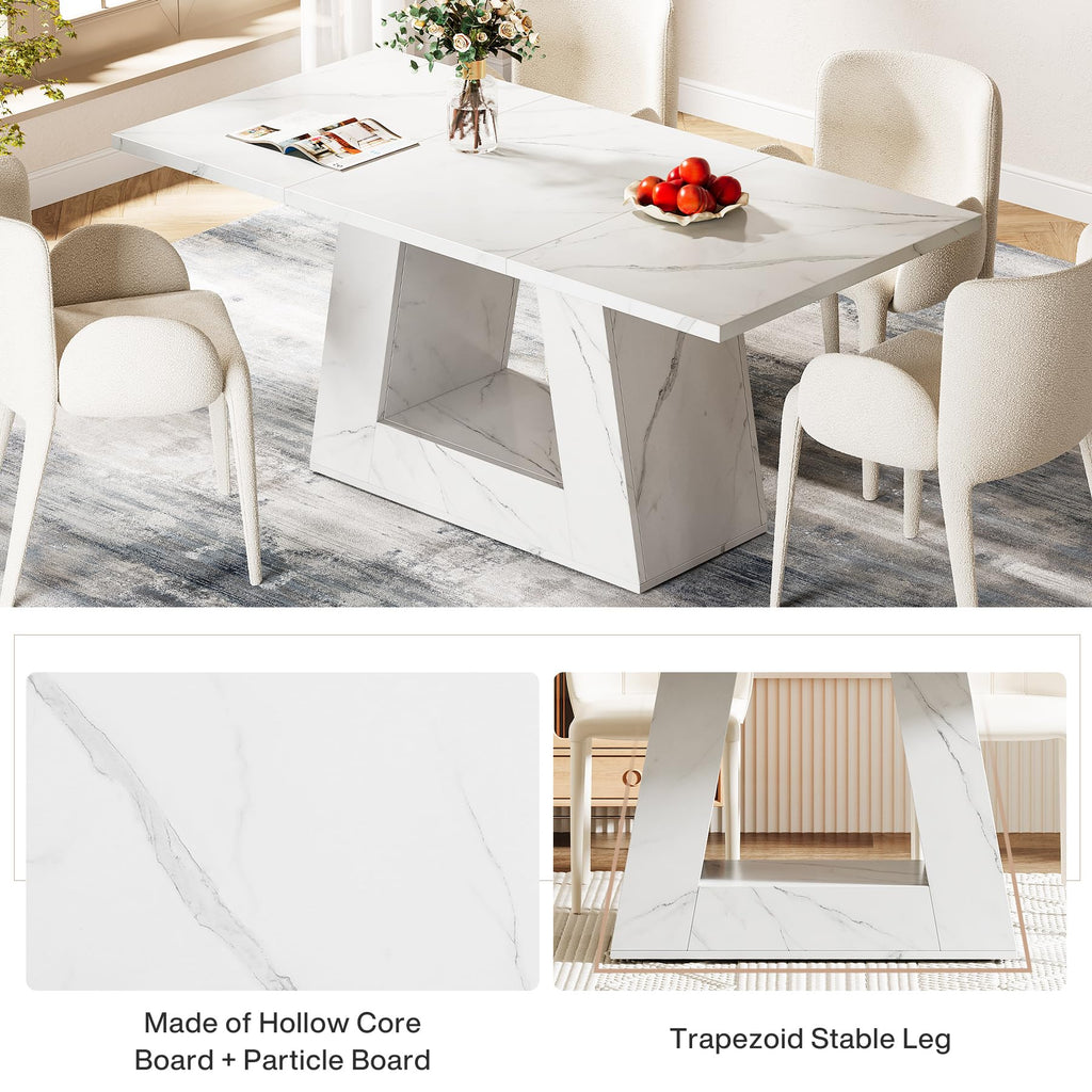 Dining Table for 4 to 6 People, 63" Rectangular Dining Room Table, Modern Wooden Faux Marble Dinner Table with Sturdy