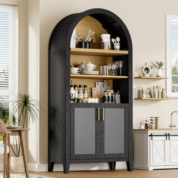 63" Arched Storage Cabinet, 5-Tier Arched Bookshelf, Black & Rattan | Wood Storage Cabinet with Adjustable Shelvess
