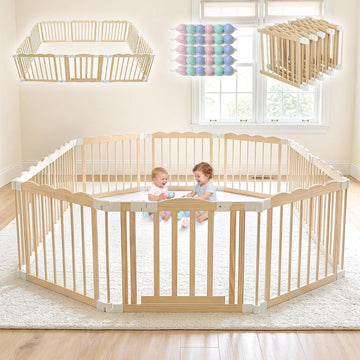 Foldable Wooden Baby Playpen, Pre-Assembled Pine Wood Play Pen, 60x60x24in