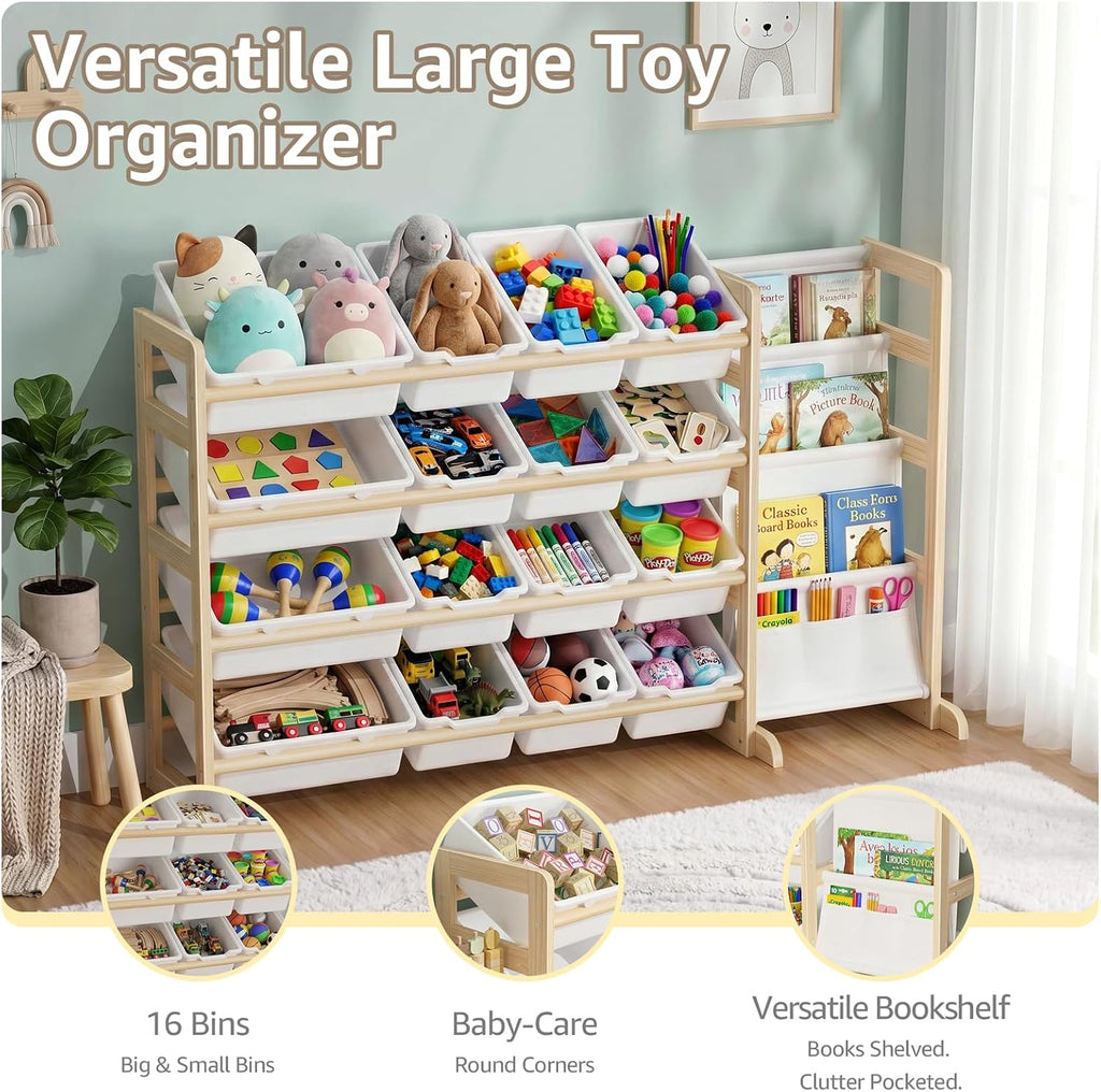 Toy Storage Organizer with Bookshelf - Wooden 12 Bins Kids Toy Organizer Rack, Solid Pine Wood, Toys Box for Toddler