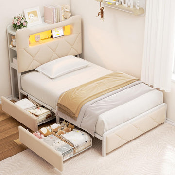 Twin Upholstered LED Bed Frame with 2 Storage Drawers and 2-Tier Storage Bookcase Headboard, Velvet Princess Platform