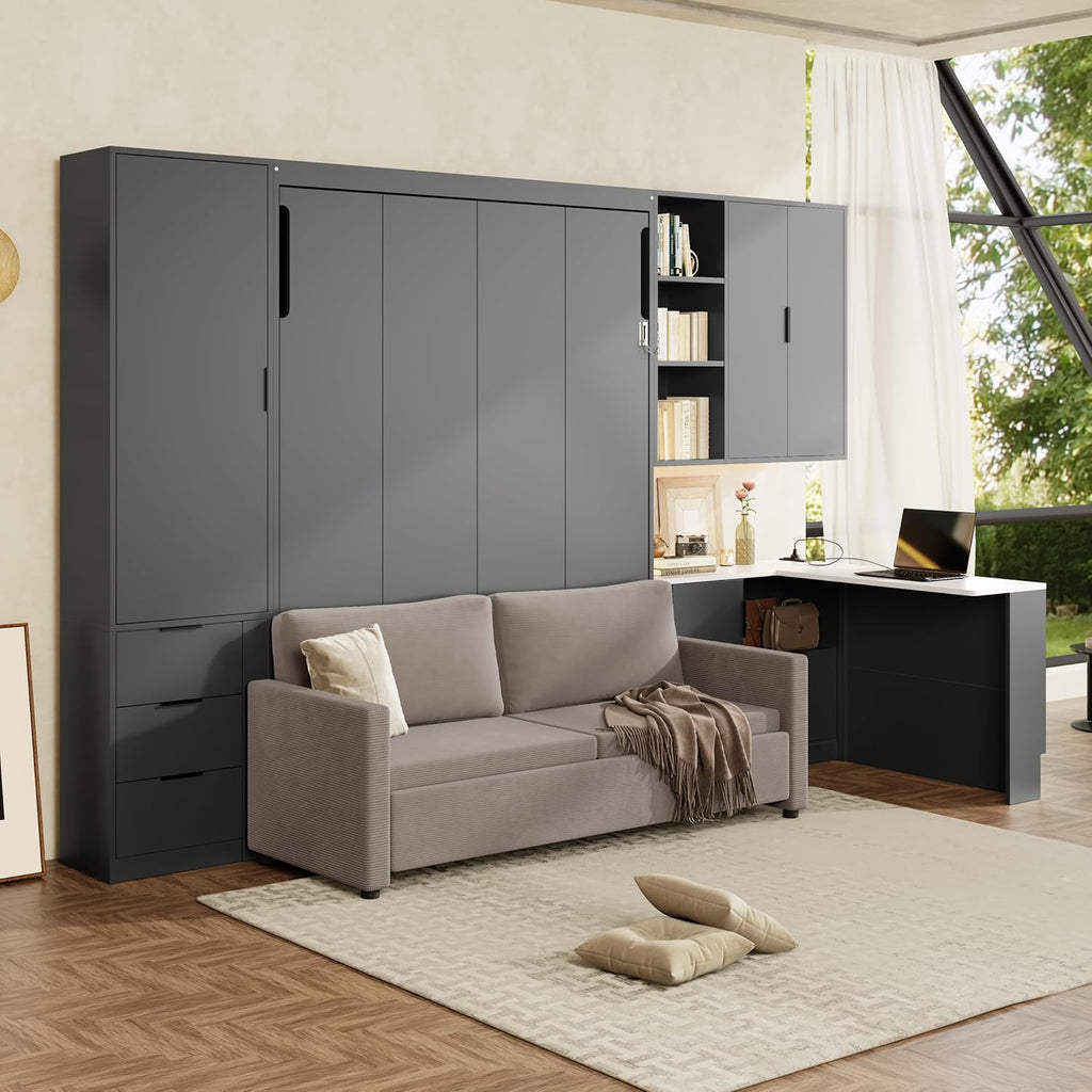 Queen Wood Murphy Bed with Upholstered Sofa & Desk, Multifunctional Foldable Wall Platform Bed w/USB Charging Station