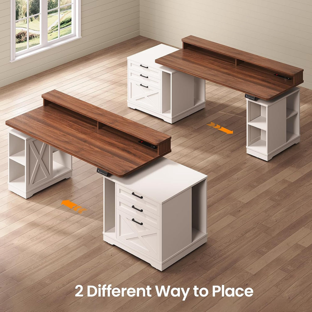 Farmhouse Electric Standing Desk, 55" Height Adjustable Computer Desk with 3 Drawers, File Cabinet, Storage Shelves