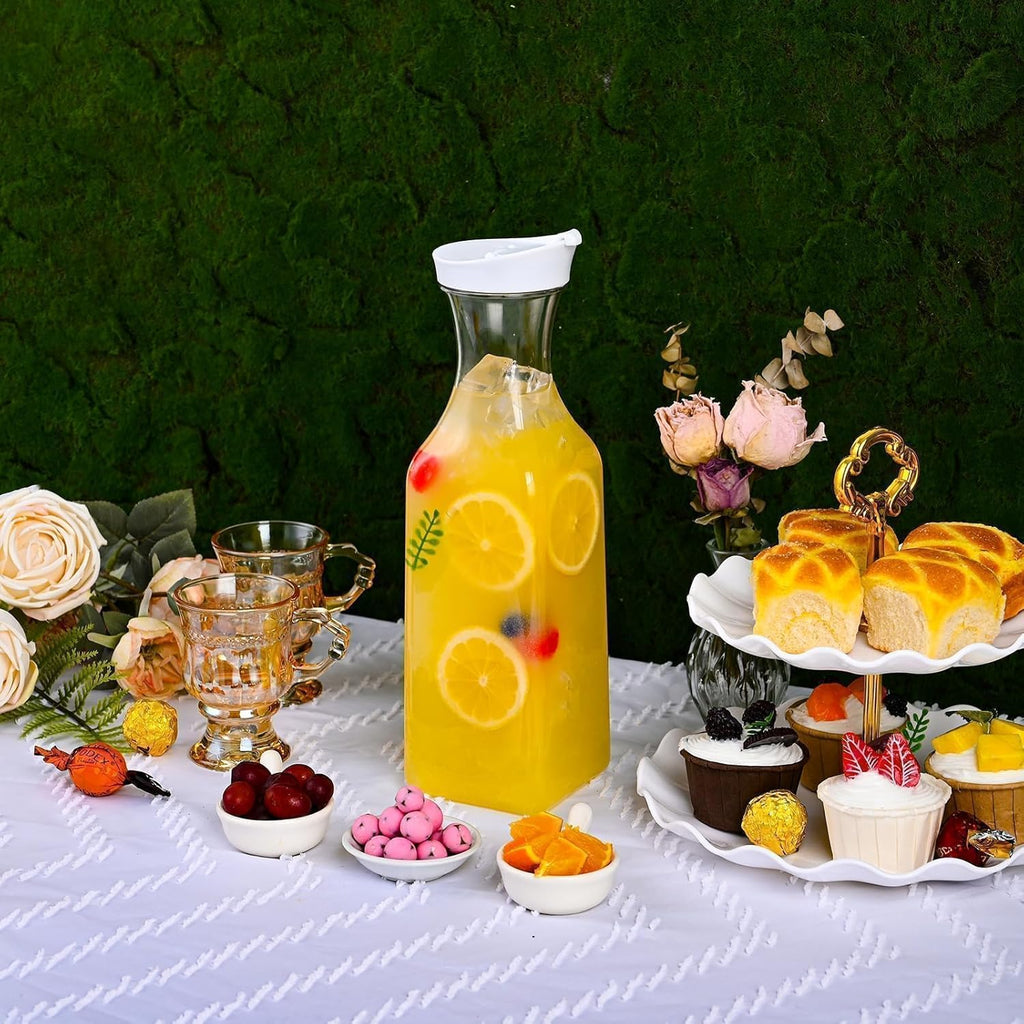 Set of 4 Plastic Carafe with Lid, 50 Oz Carafes for Mimosa Bar, Square Base Juice Containers, Water Bottle, Milk