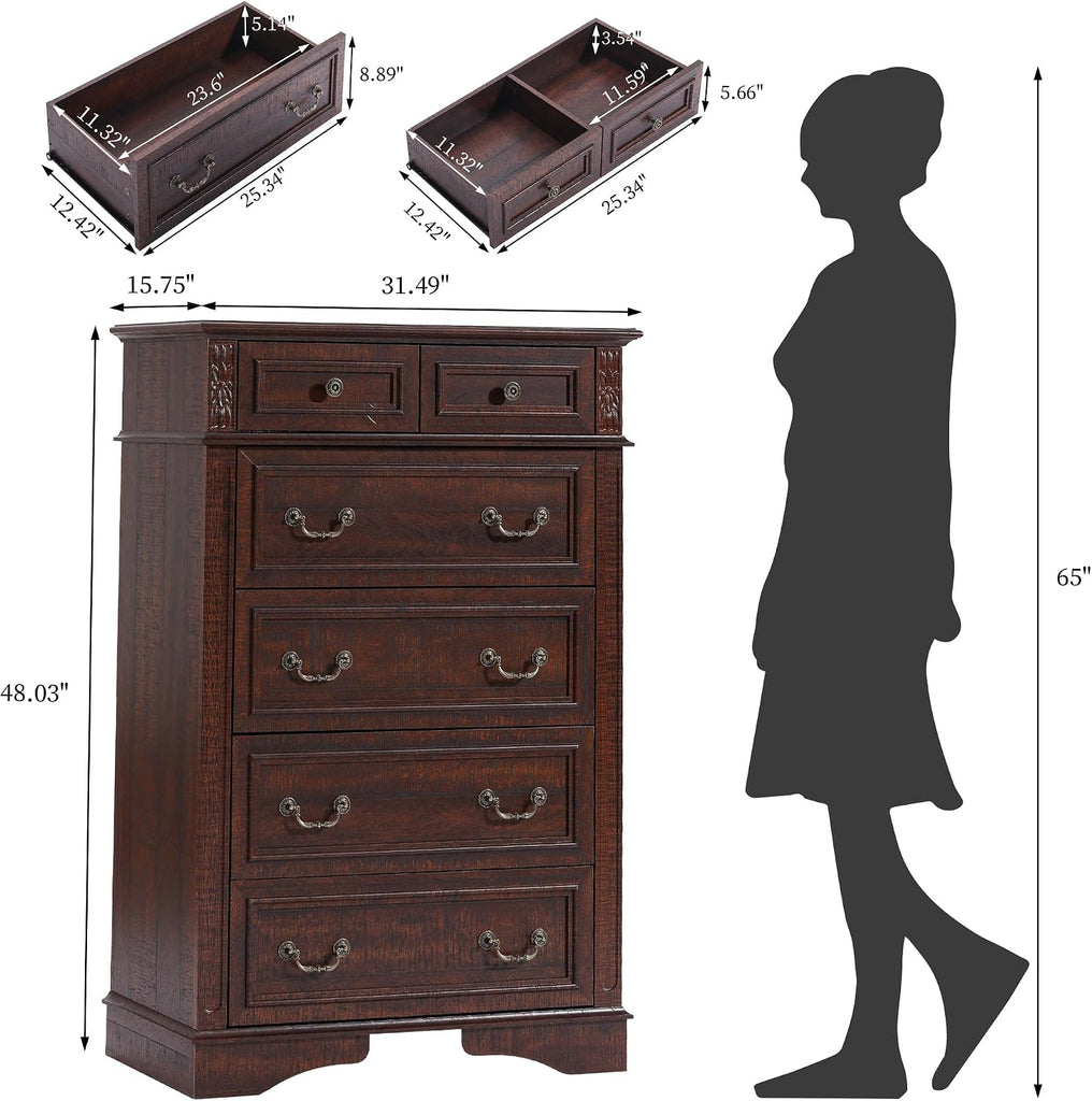 Dresser , 6 Drawers 48" Tall Dresser for Storage and Organization, Dark Brown Farmhouse Chest of Drawers , Closet