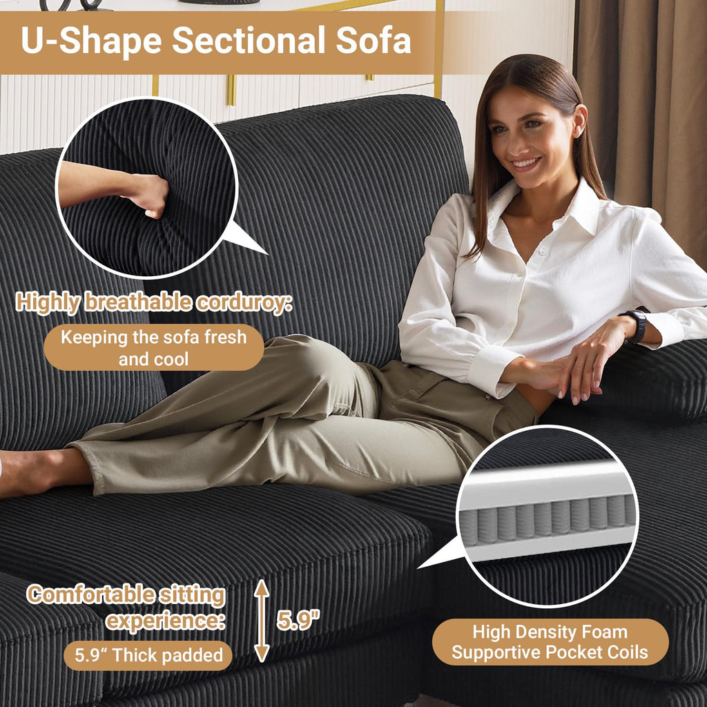 110" Sectional Couches, U Shaped Couch with Double Chaise, 4-Seat Sofa Set with Corduroy Fabric Furniture, Black