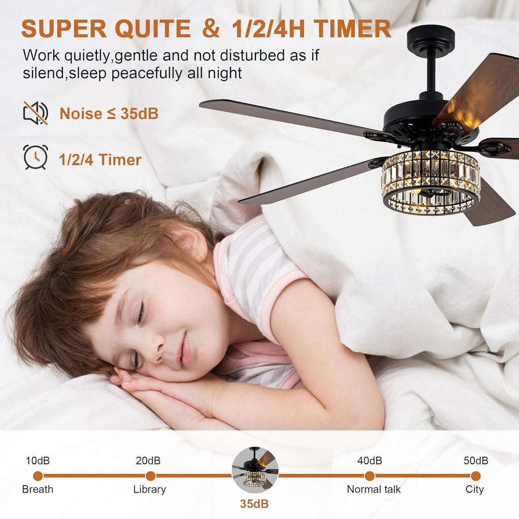 60" Vintage Black Ceiling Fan with Light, Large Crystal Chandelier Fan Fandelier Fan with 6-Speeds