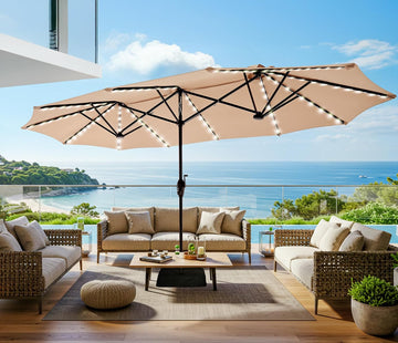 13ft Outdoor Patio Umbrella with Solar Lights, Double-sided Deck Pool Umbrella with 1.5 Inch Pole