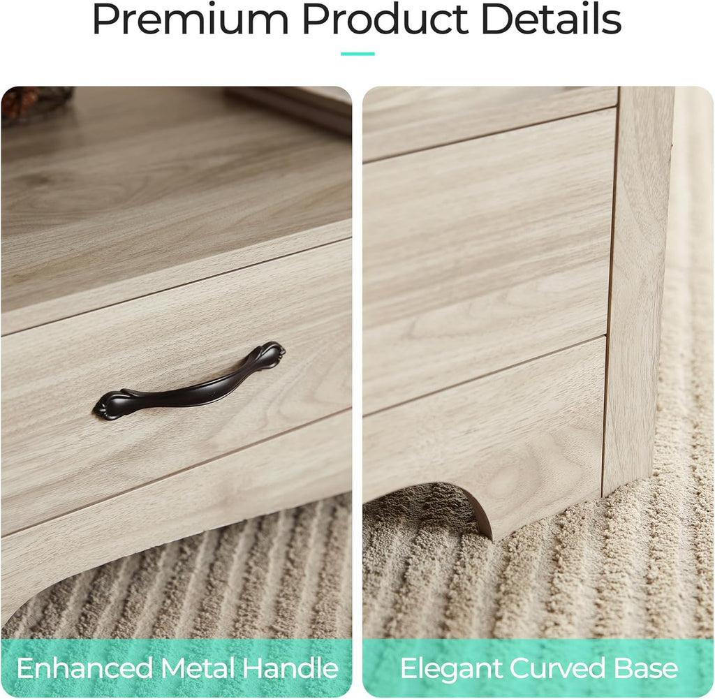 Farmhouse Coffee Table with Storage, Wood Coffee Table, Open Display Area and Storage Drawers with Metal Handles