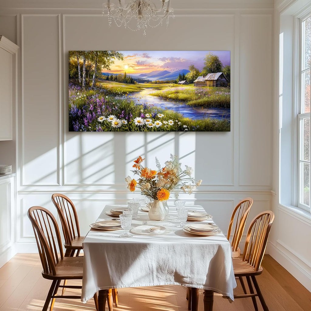 Large Wall Art Prints, Rural Landscape Wall Decor, Meadow Wildflower Canvas Painting, River Cottage Pictures Home
