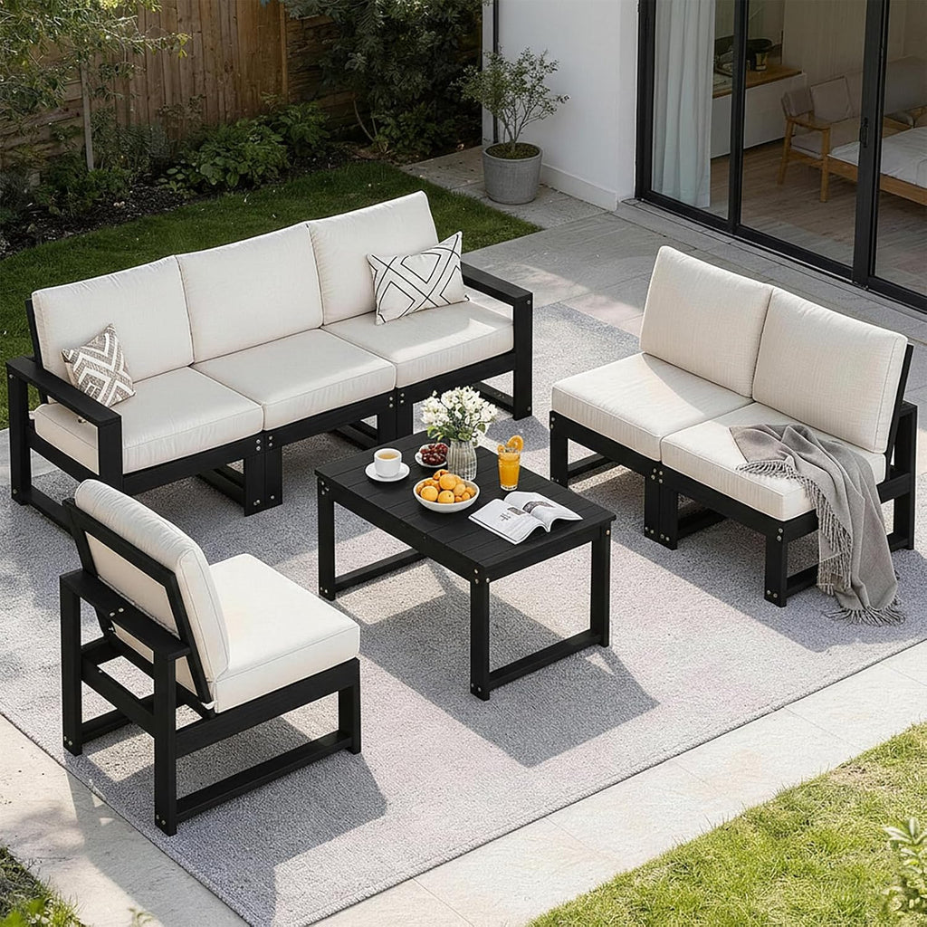 Outdoor Furniture with Cushions, Patio Furniture Set, 7-Piece L Shaped Outdoor Couch Sets 6 Seats, HDPE Patio