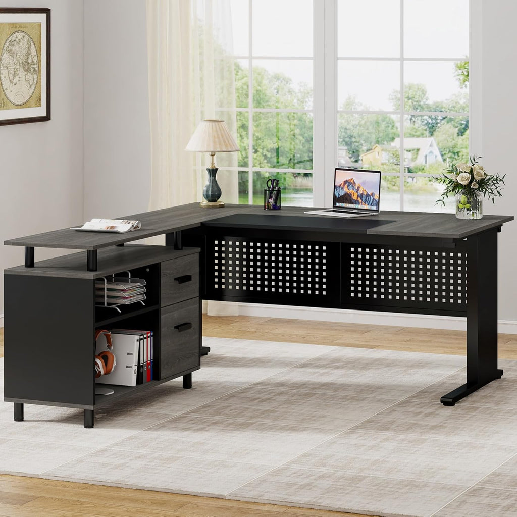 63 Inch Executive Desk with File Cabinet, L Shaped Office Desk with Drawers and Storage Shelves