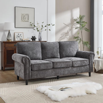 3 Seater Couch, Mid Century Modern Sofa with Rolled Arms and Deep Seats, Fluffy Comfort for Living Room