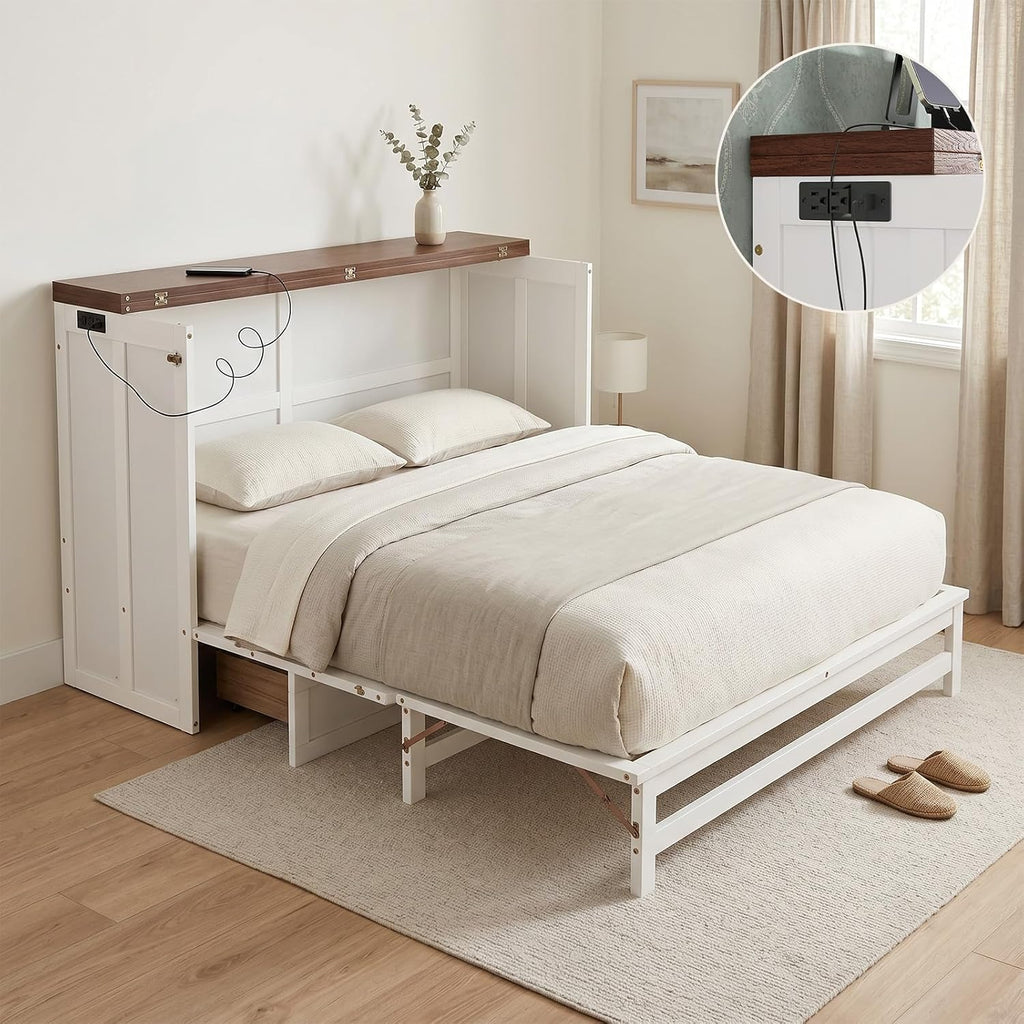Queen Murphy Bed with Storage Drawer and USB Port, Wall Murphy Bed Frame with Charging Station, Foldable Cabinet