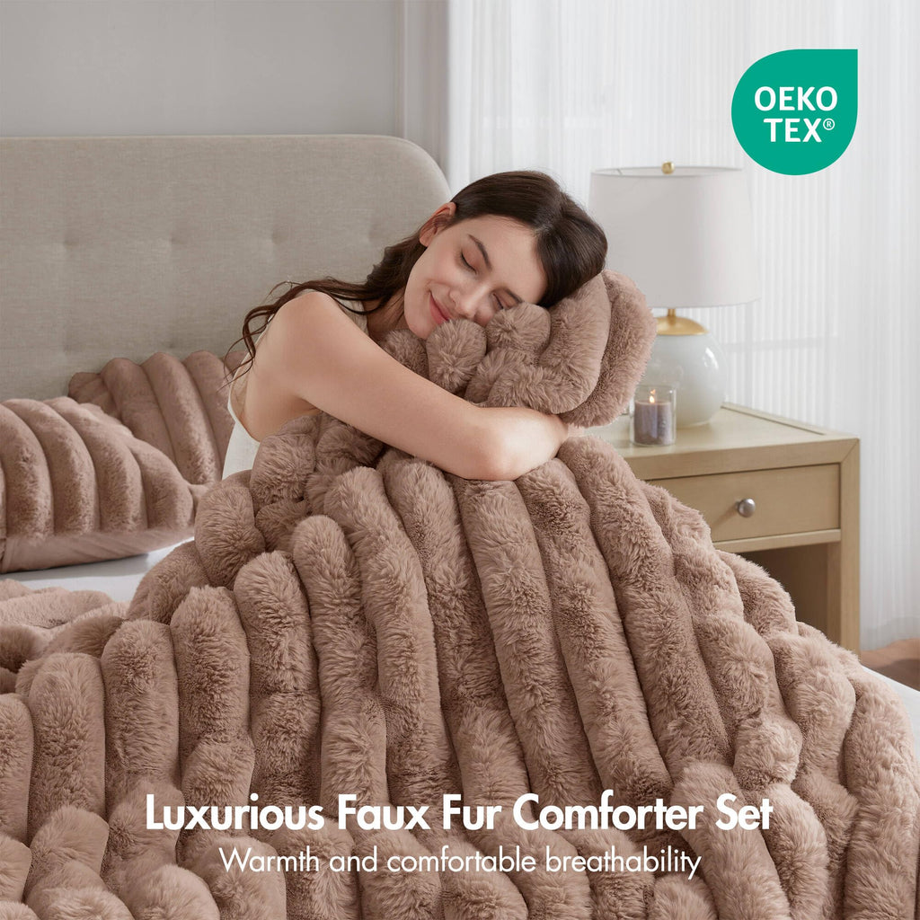 Jasmine Luxurious Plush King Comforter Set, 3 Piece, Mocha