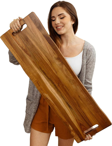 Large Acacia Serving Board with Handles, 36 x 12 Inch Rectangular Charcuterie Platter, Natural Wood Server for Meat