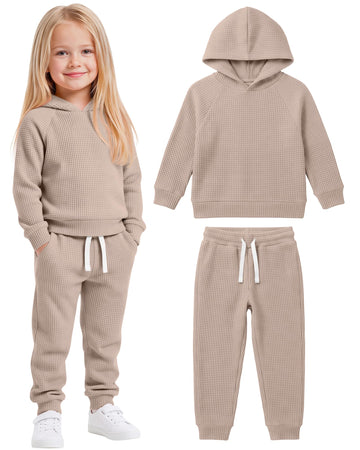 Toddler Girl Waffle Sweatsuit Fall Outfit 2 Pcs Set Mocha