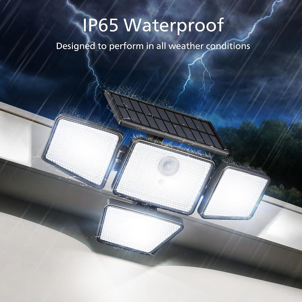 Solar Security Light Outdoor, 196 LED Wall-Mounted Flood Light w/PIR Motion Sensor, 3 Modes, 4 Adjustable Heads