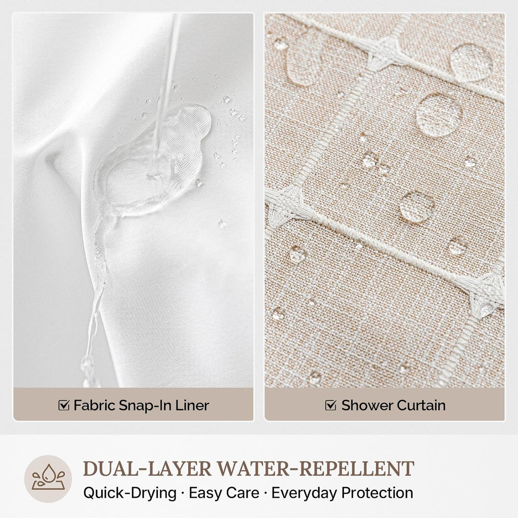 Farmhouse Linen Textured Shower Curtain with Snap-in Liner Set, No Hooks Needed, with Tassels for Rustic Bathroom