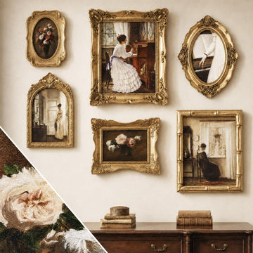 6 Pcs Vintage Gallery Wall Decor, Framed Canvas Wall Art Set with Antique Gold Ornate Resin Frames, French Country