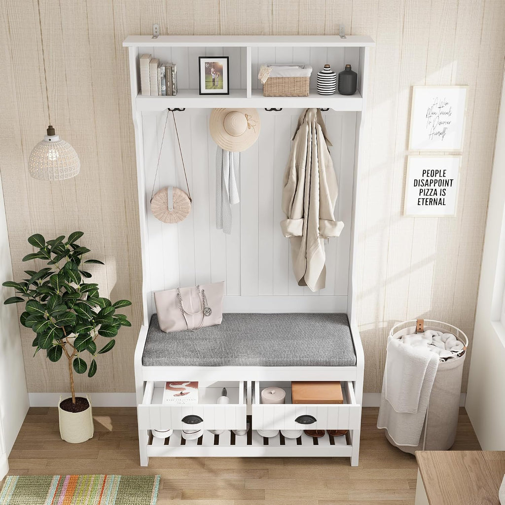 Hall Tree with Bench and Shoe Storage, Multi-Purpose Entryway Bench with Coat Rack, Padded Seat Cushion, 4 Double
