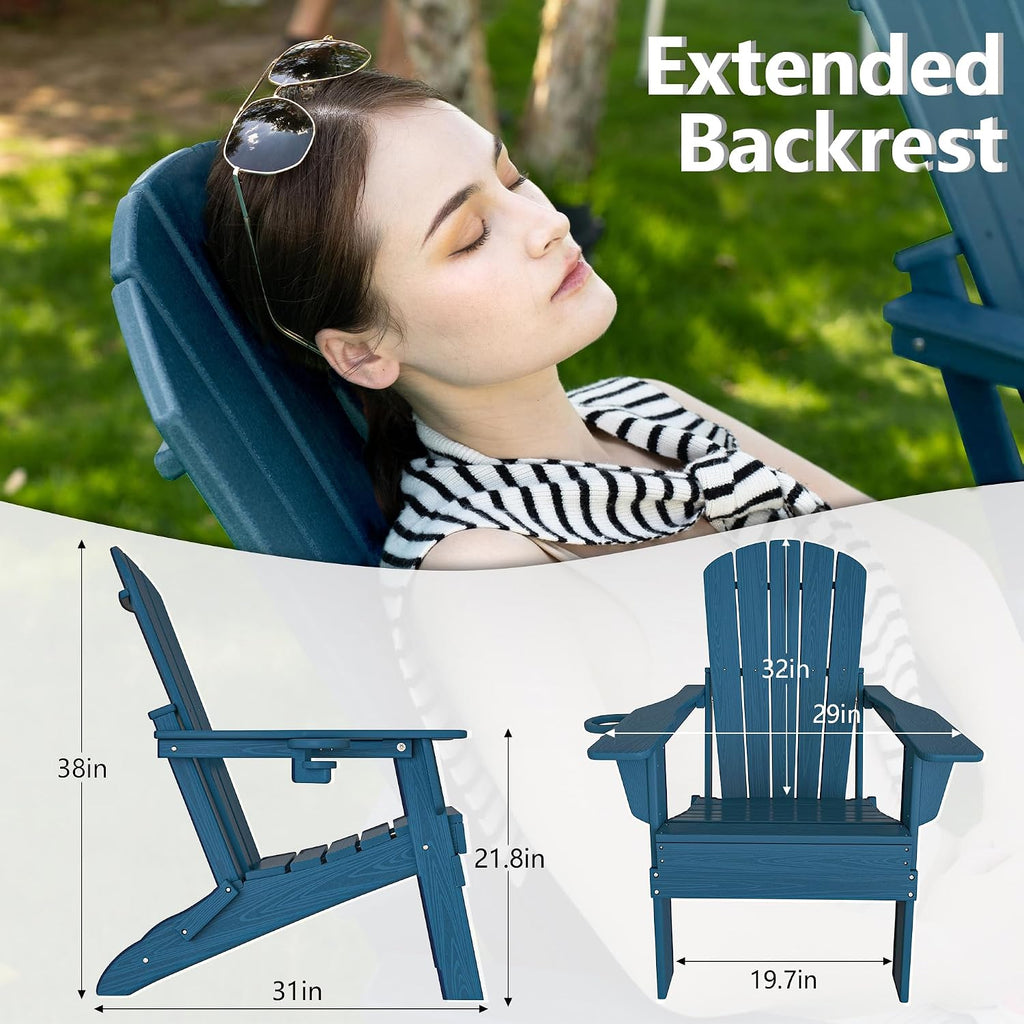 Folding Adirondack Chair with Cup Holder, HDPE All-Weather, Navy | SGS Tested, Faux Wooden Textured, Heavy