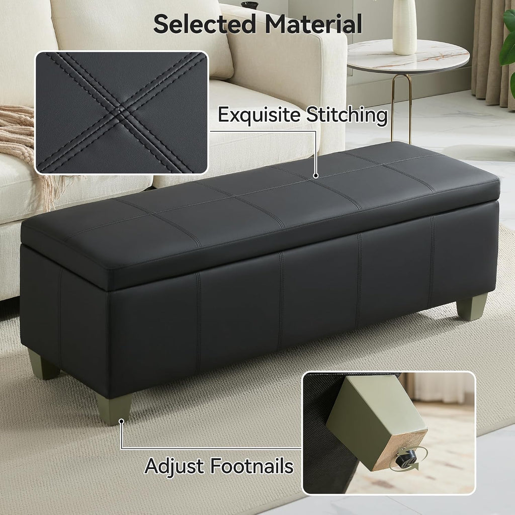 51" Faux Leather Storage Ottoman, Stitch Tufted Rectangle Upholstered End of Bed Storage Bench, Entryway Large Couch