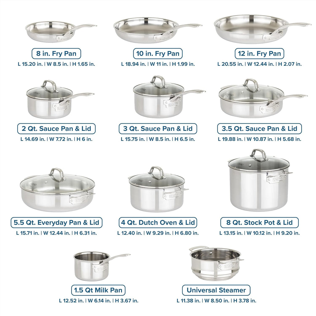 3-Ply Pots and Pans Set, 17 Piece Stainless Steel Cookware Glass Lids, Steamer Insert, Silver