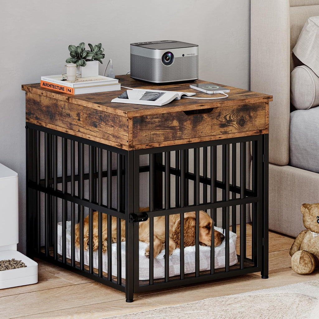 Dog Crate Furniture for Small Dogs, Wooden Dog Kennel with Flip Top Drawer