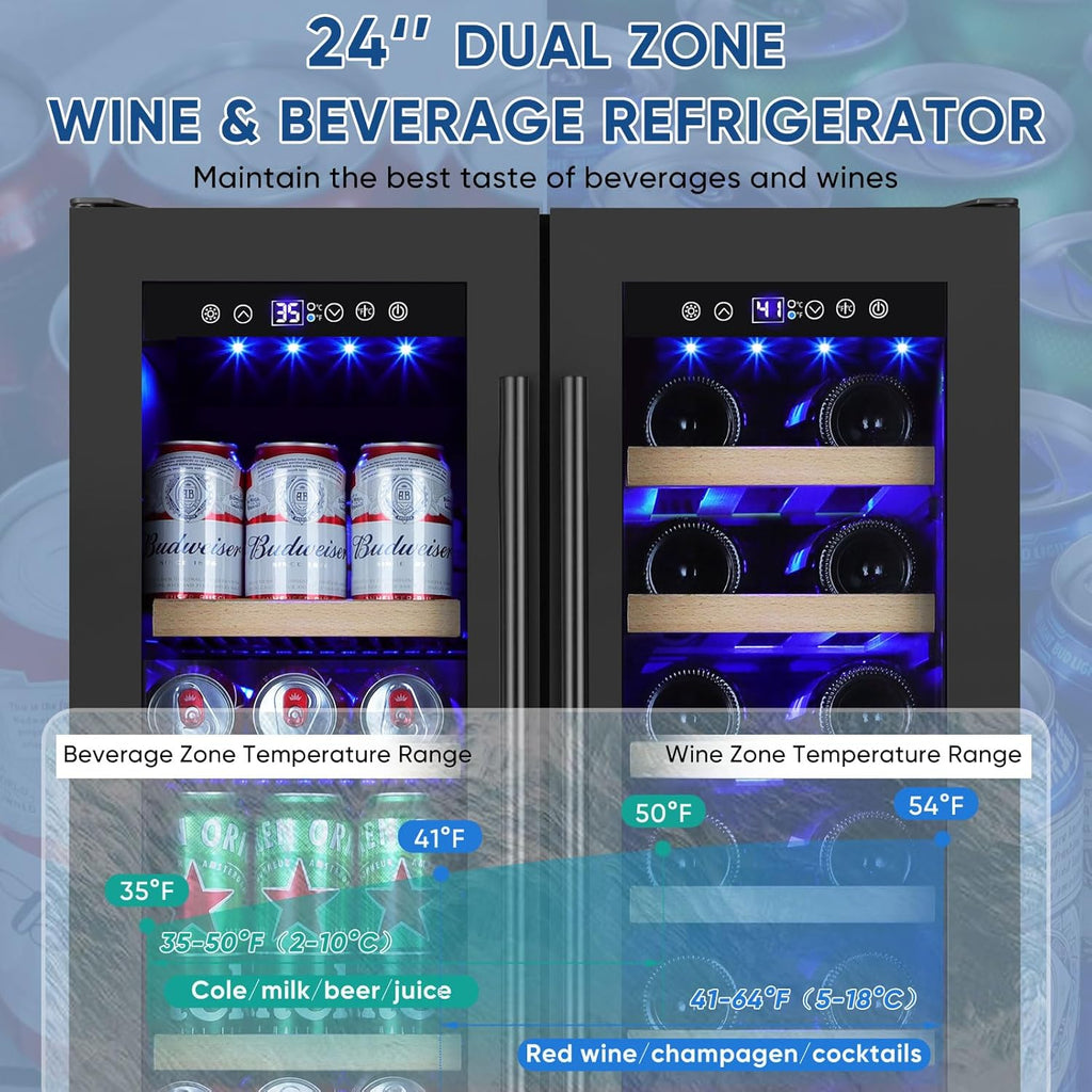 Wine and Beverage Refrigerator 24", Upgraded Dual Zone Wine Beverage Cooler with
