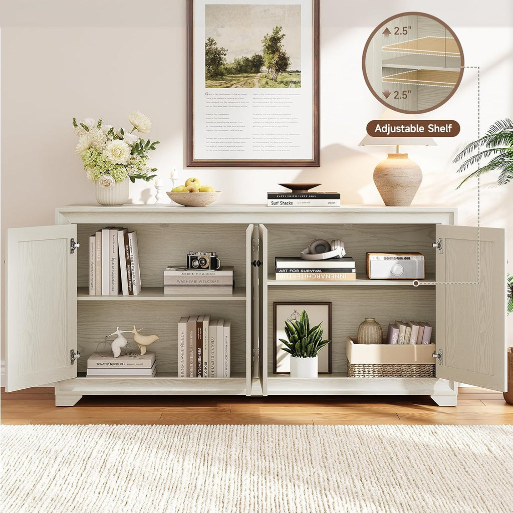 60" Buffet Cabinet with Storage, 4 Doors Sideboard Buffet Cabinet with Adjustable Shelves