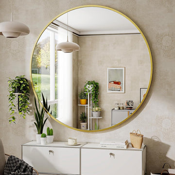 24 Inch Round Mirror, Metal Frame Circle Mirror, Wall Mounted , Vanity, Living Room, Gold