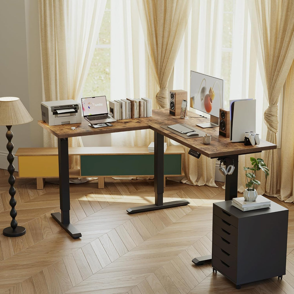 L Shaped Standing Desk Adjustable Height, 59 Inch, Rustic Brown