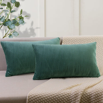 Turquoise 12x20 Pillow Cover Set of 2 Velvet Striped Pattern - Soft Throw Pillows Decor, Luxury Decorative Pillow