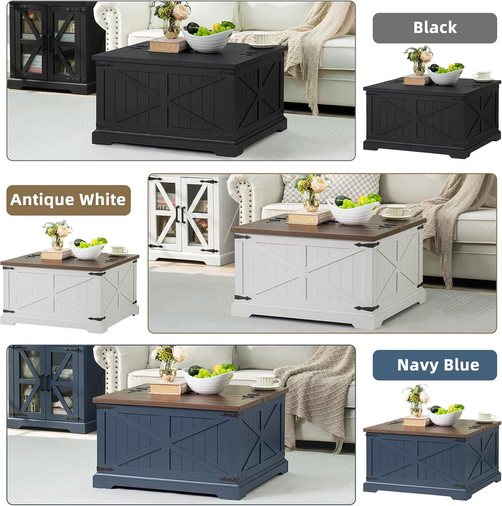 Farmhouse Coffee Table with Large Hidden Storage Compartment, Rustic Black Square Center Table