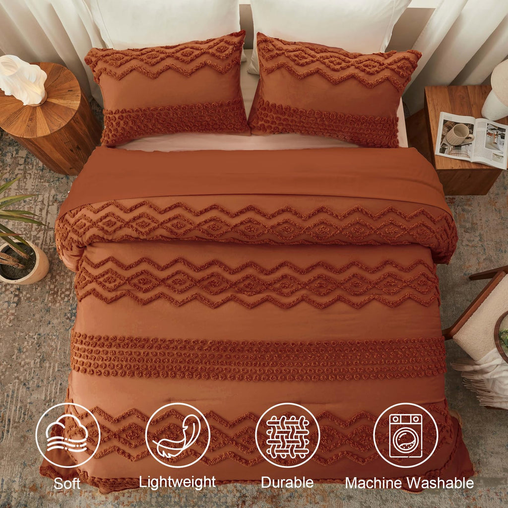 Terracotta Tufted Comforter Set, 3 Pieces Queen Boho Bedding Set