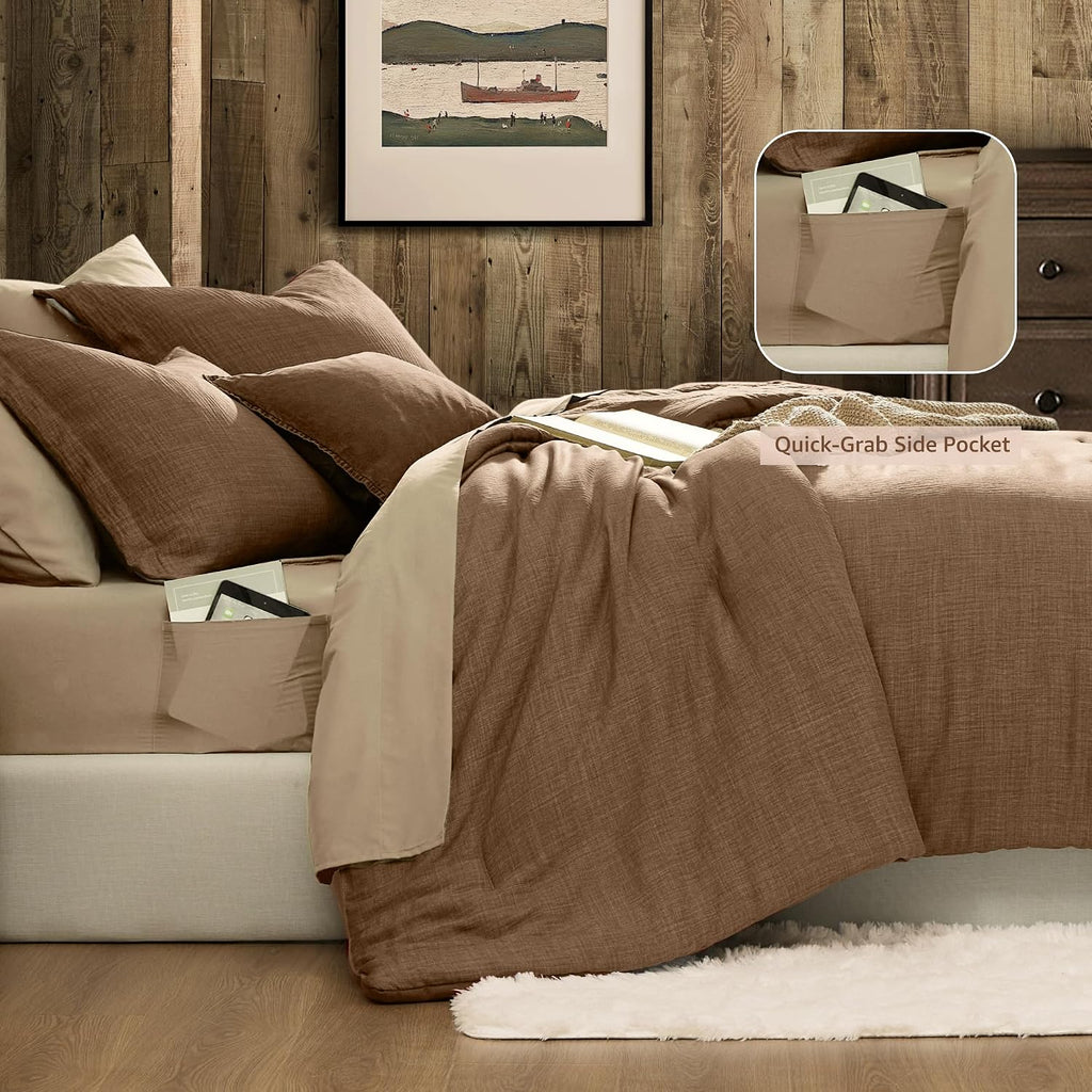 King Comforter Set - 7 Pieces Brown Bedding Set Textured Bed in a Bag - Set of 7