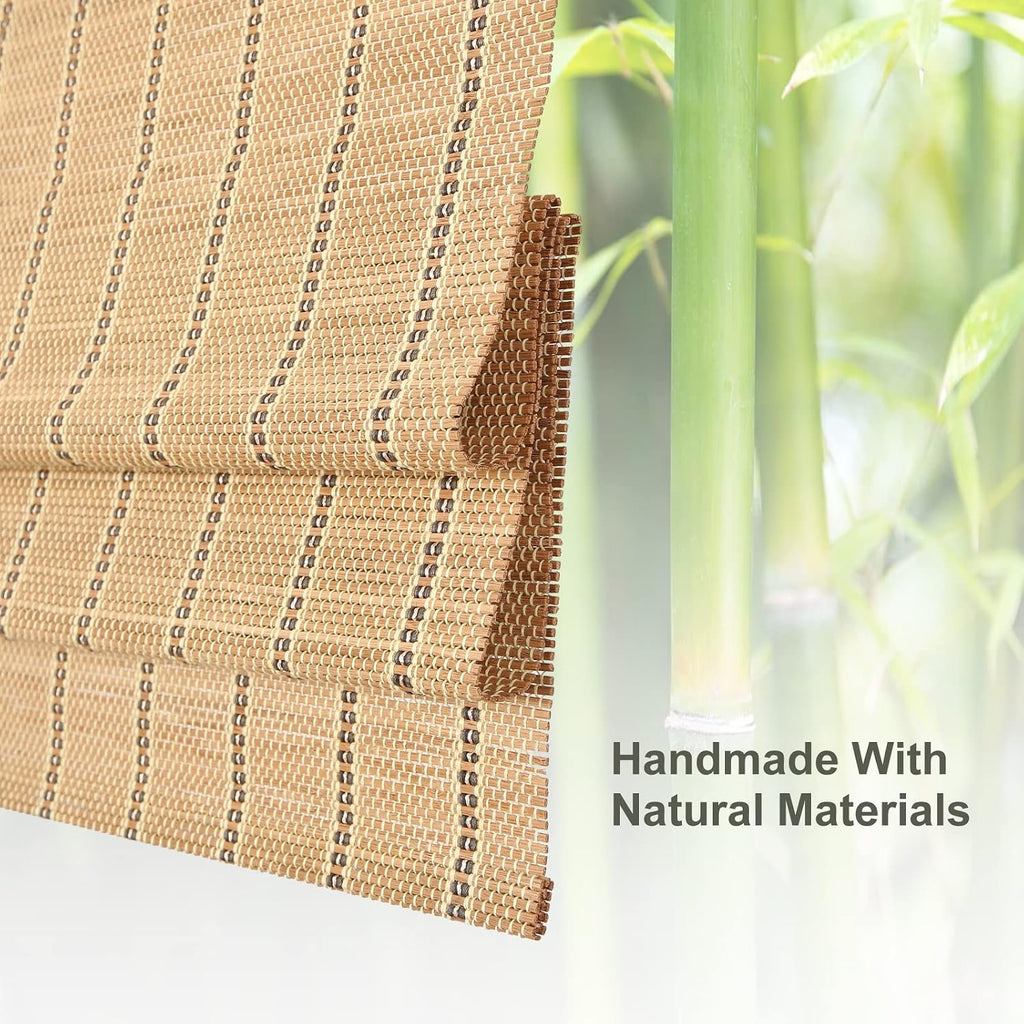 Cordless Bamboo Roman Shades, Natural Woven Blinds with 6 Inches High Valance, Custom Room Darkening Privacy Lined
